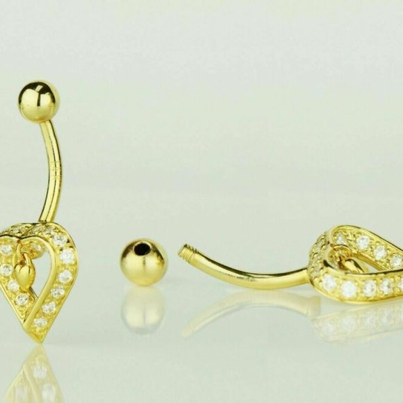Solid 14k Yellow or White Gold Belly Button Love Heart Body Jewelry Piercing - Picture 3 of 6